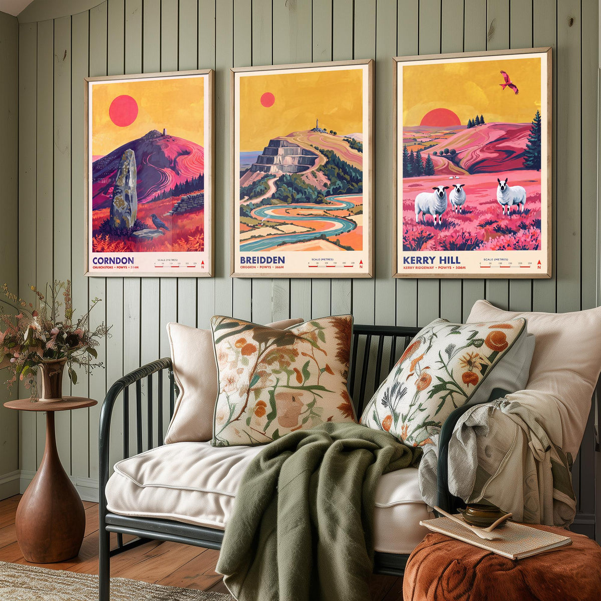 Powys Hills Set of Three Art Prints - Corndon, Breidden, Kerry Hill - Welsh Borders Travel Posters - Vibrant Painting