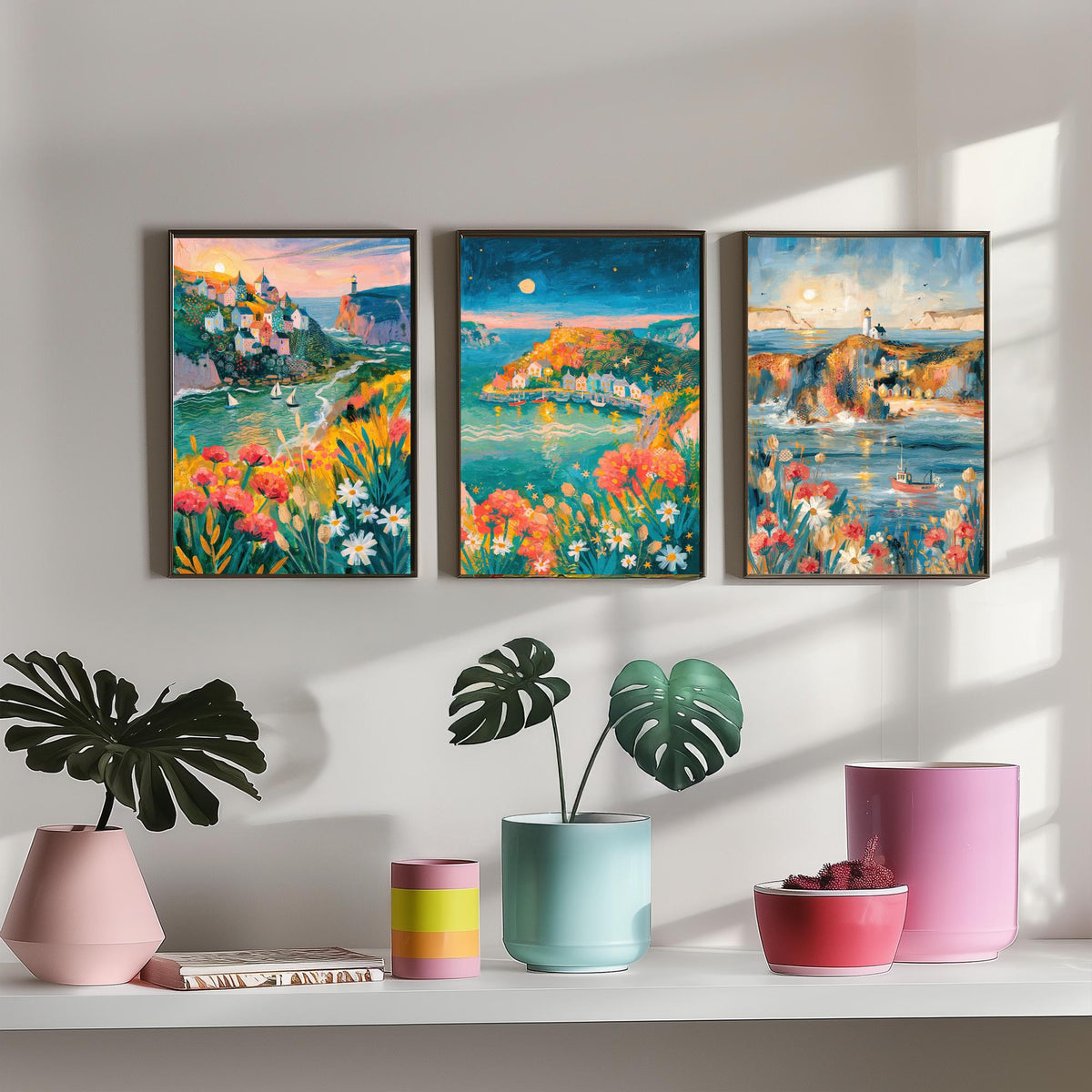 Cornwall Harbour Villages Set of Three Art Prints - St Ives, Mousehole, Polperro - Cornish Coast Lighthouse Paintings - Folk Art Posters