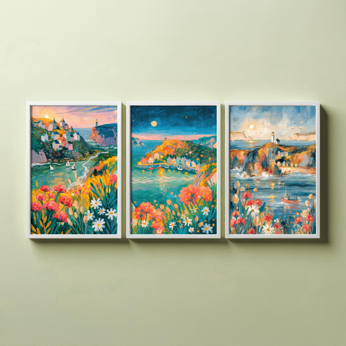 Cornwall Harbour Villages Set of Three Art Prints - St Ives, Mousehole, Polperro - Cornish Coast Lighthouse Paintings - Folk Art Posters