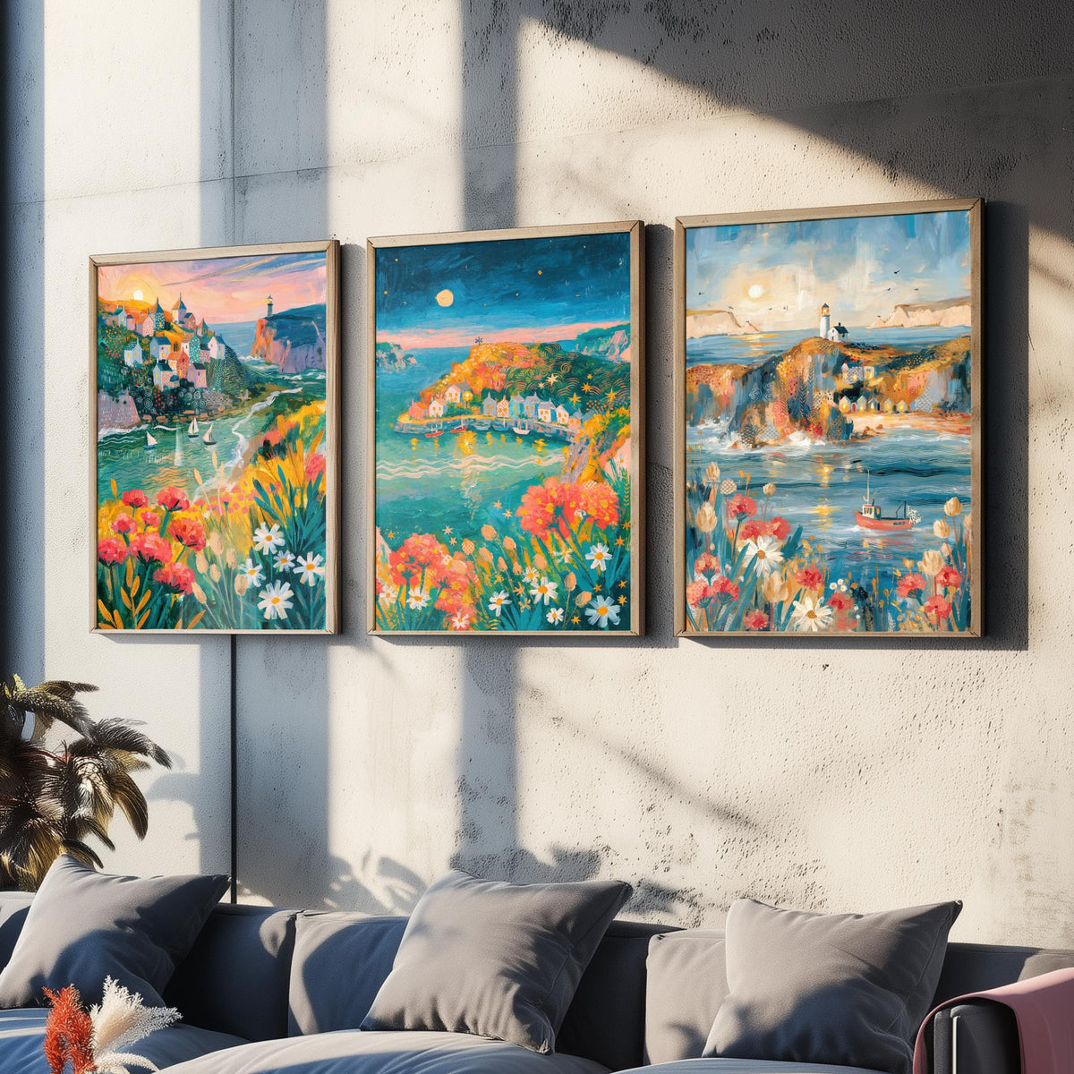 Cornwall Harbour Villages Set of Three Art Prints - St Ives, Mousehole, Polperro - Cornish Coast Lighthouse Paintings - Folk Art Posters
