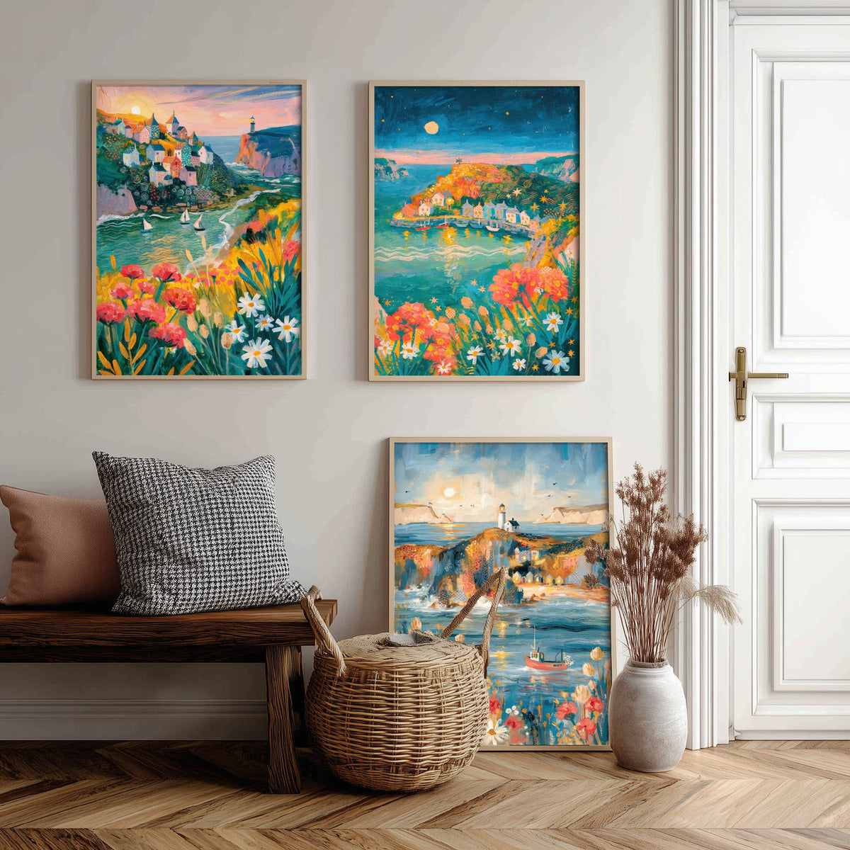 Cornwall Harbour Villages Set of Three Art Prints - St Ives, Mousehole, Polperro - Cornish Coast Lighthouse Paintings - Folk Art Posters