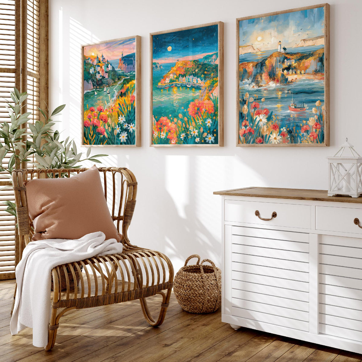 Cornwall Harbour Villages Set of Three Art Prints - St Ives, Mousehole, Polperro - Cornish Coast Lighthouse Paintings - Folk Art Posters