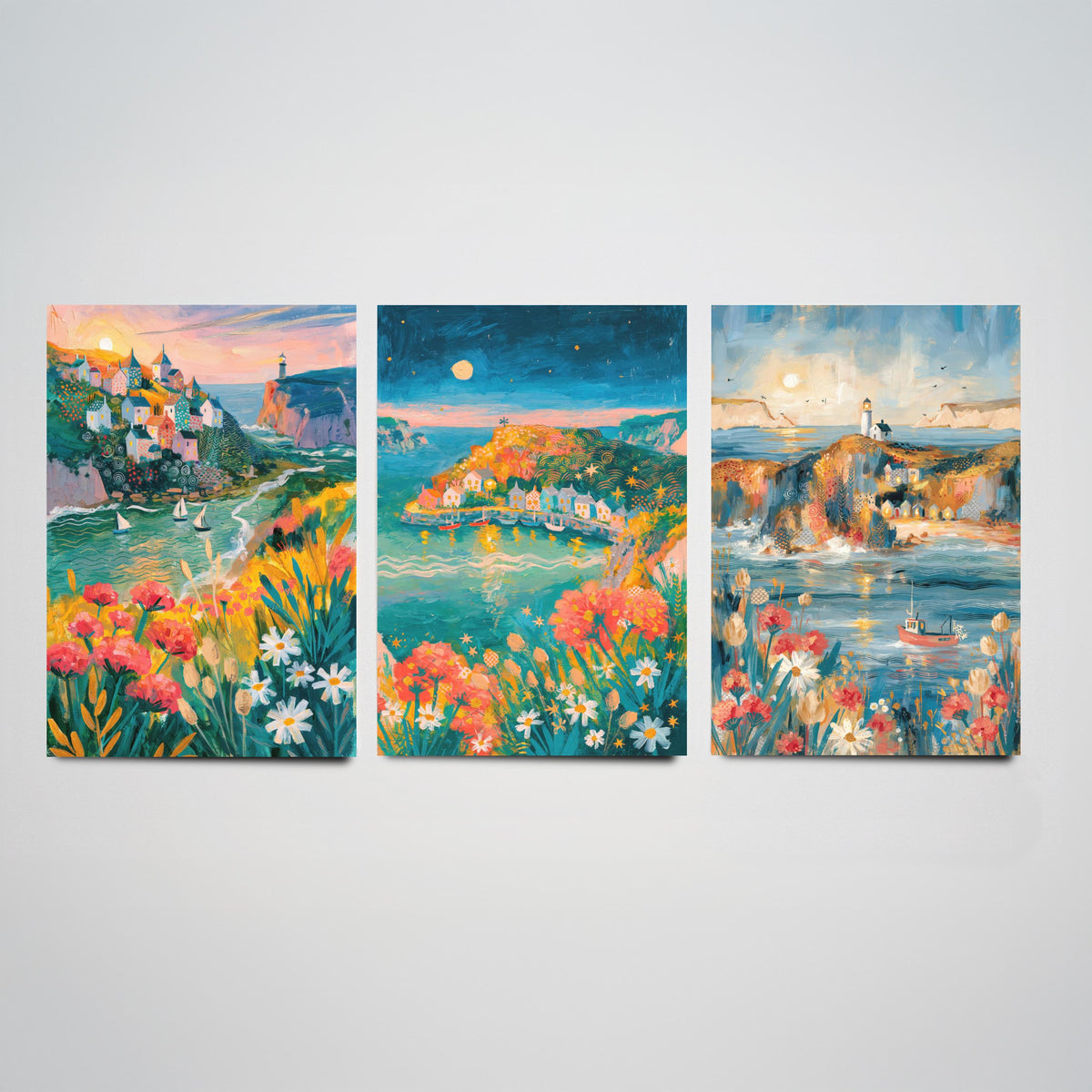 Cornwall Harbour Villages Set of Three Art Prints - St Ives, Mousehole, Polperro - Cornish Coast Lighthouse Paintings - Folk Art Posters