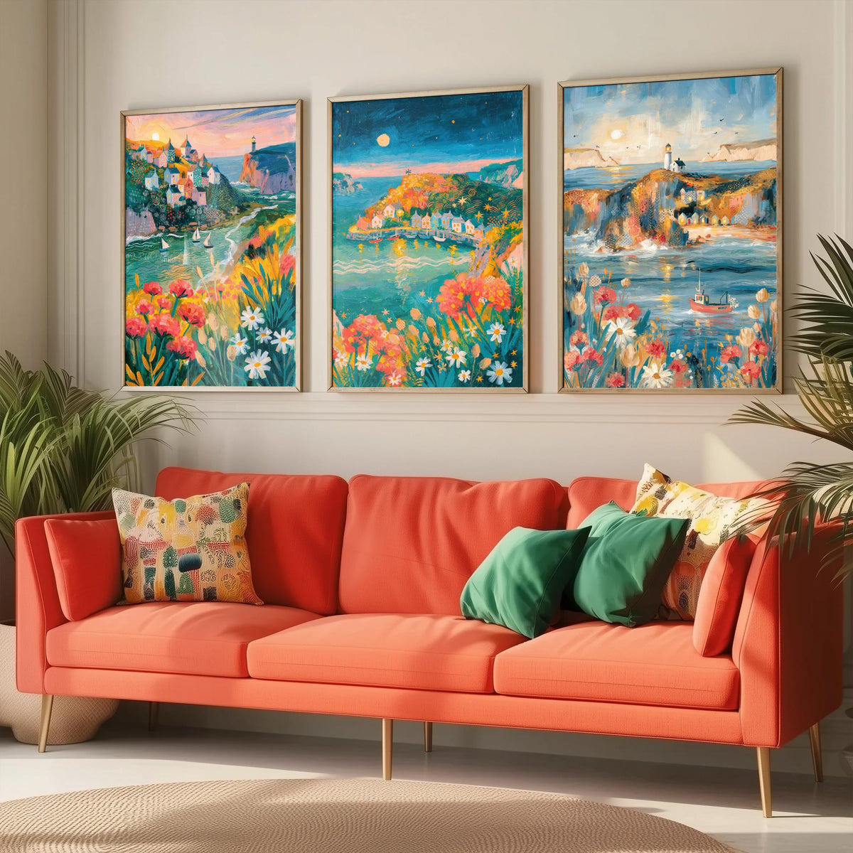Cornwall Harbour Villages Set of Three Art Prints - St Ives, Mousehole, Polperro - Cornish Coast Lighthouse Paintings - Folk Art Posters