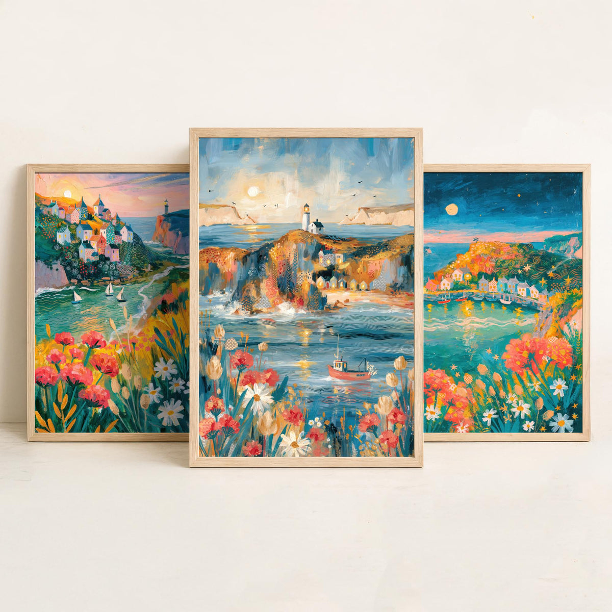 Cornwall Harbour Villages Set of Three Art Prints - St Ives, Mousehole, Polperro - Cornish Coast Lighthouse Paintings - Folk Art Posters