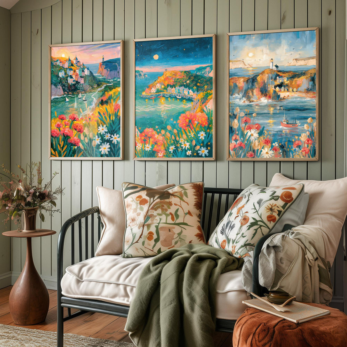 Cornwall Harbour Villages Set of Three Art Prints - St Ives, Mousehole, Polperro - Cornish Coast Lighthouse Paintings - Folk Art Posters