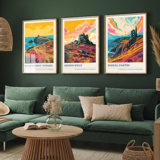 Cornwall Set of Three Prints | Tintagel Brown Willy Wheal Coates | Vibrant Pop Art Coastal Illustration Wall Poster