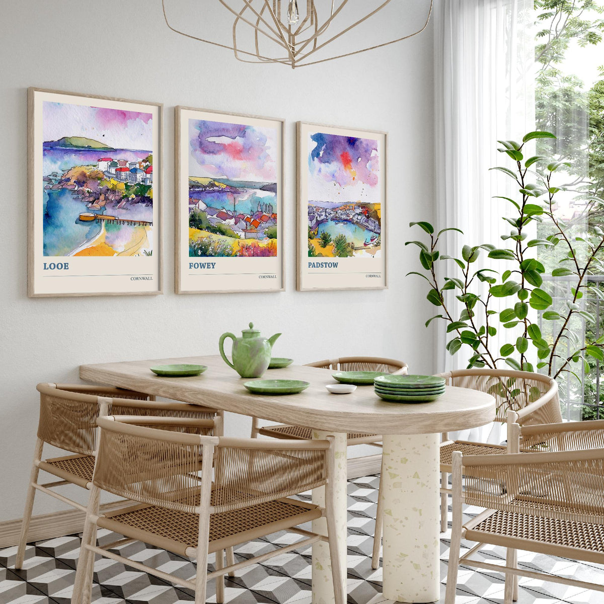 Cornwall Set of Three Prints | Looe Fowey Padstow | Loose Watercolour Coastal Harbour Wall Art Poster Painting