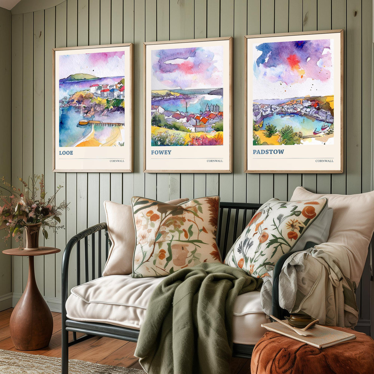 Cornwall Set of Three Prints | Looe Fowey Padstow | Loose Watercolour Coastal Harbour Wall Art Poster Painting