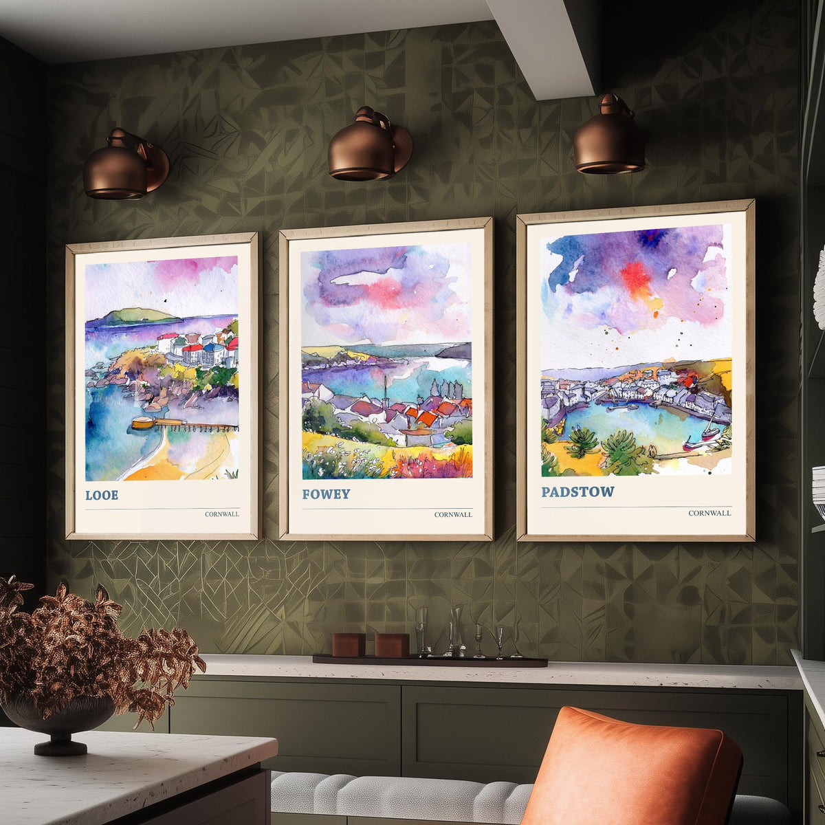 Cornwall Set of Three Prints | Looe Fowey Padstow | Loose Watercolour Coastal Harbour Wall Art Poster Painting