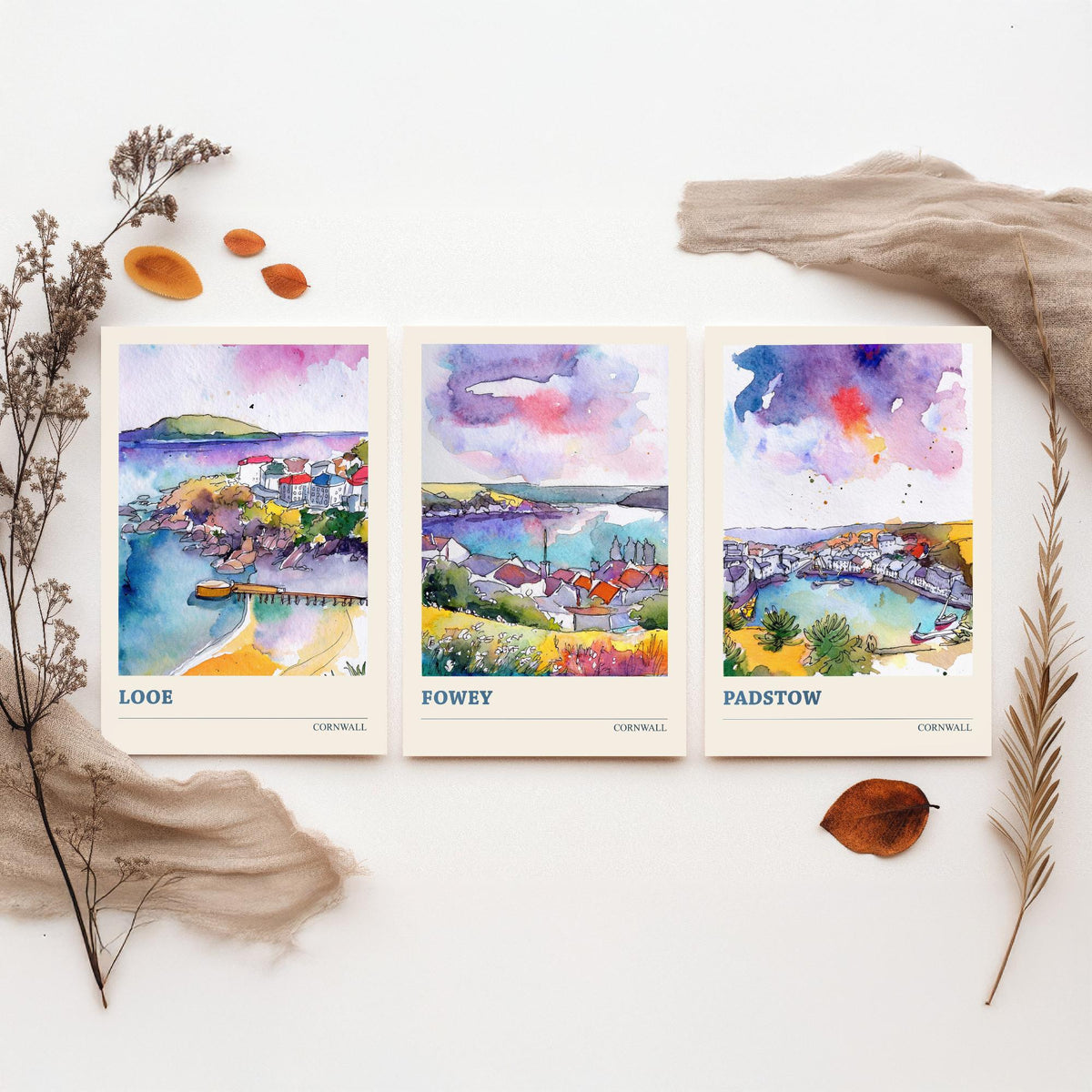 Cornwall Set of Three Prints | Looe Fowey Padstow | Loose Watercolour Coastal Harbour Wall Art Poster Painting