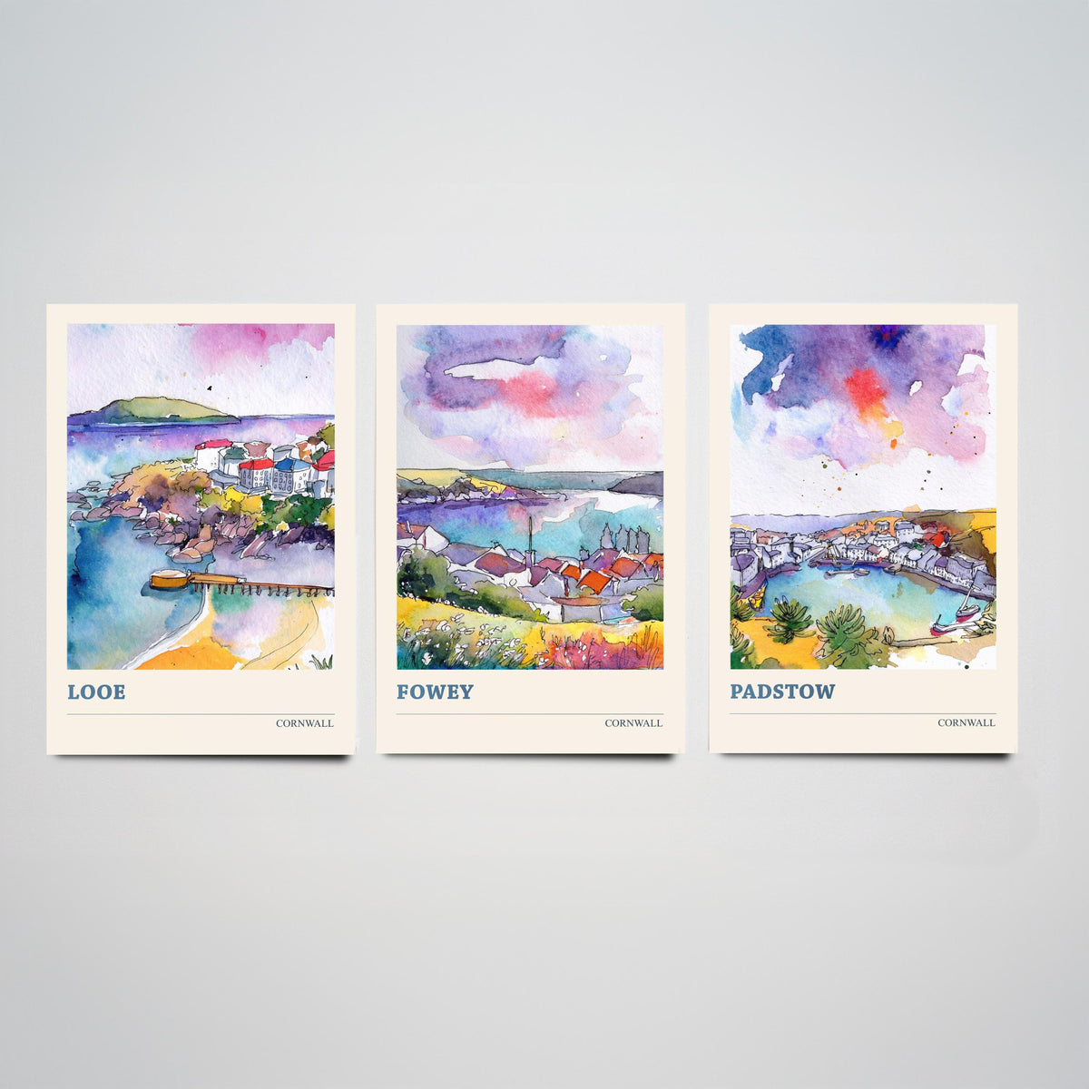 Cornwall Set of Three Prints | Looe Fowey Padstow | Loose Watercolour Coastal Harbour Wall Art Poster Painting