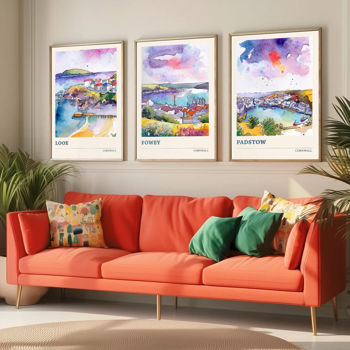 Cornwall Set of Three Prints | Looe Fowey Padstow | Loose Watercolour Coastal Harbour Wall Art Poster Painting