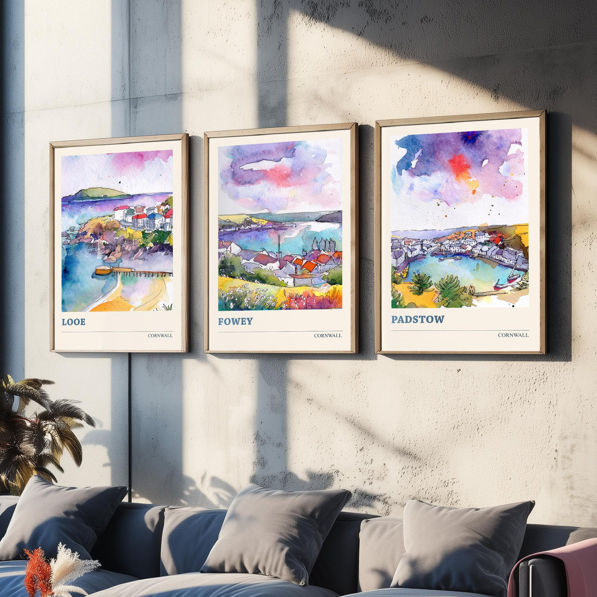 Cornwall Set of Three Prints | Looe Fowey Padstow | Loose Watercolour Coastal Harbour Wall Art Poster Painting