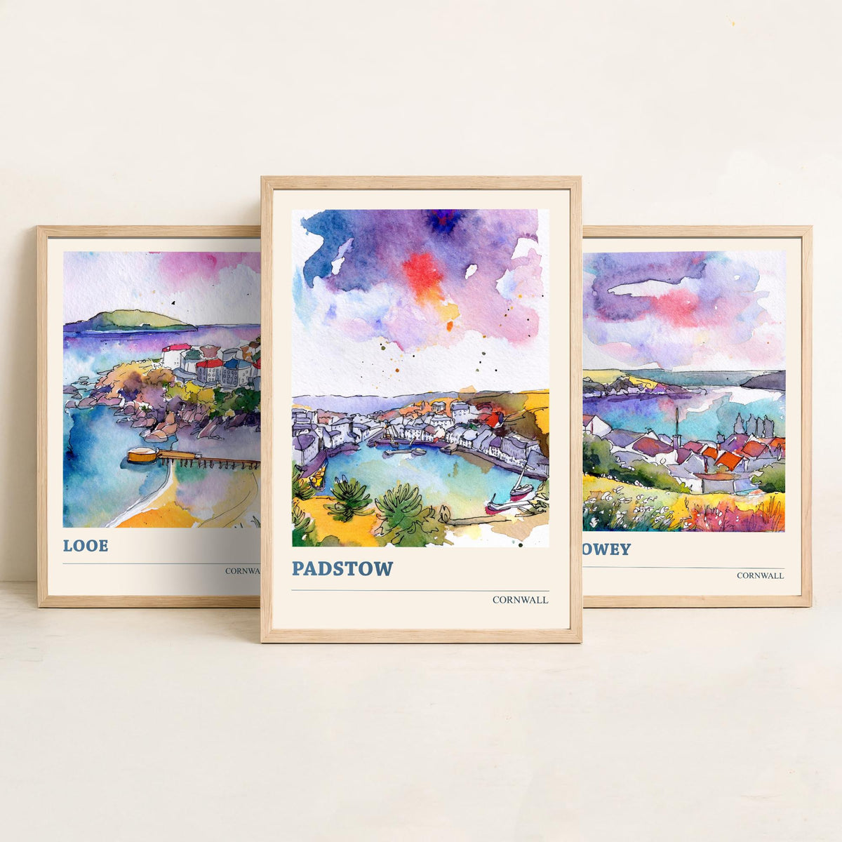 Cornwall Set of Three Prints | Looe Fowey Padstow | Loose Watercolour Coastal Harbour Wall Art Poster Painting