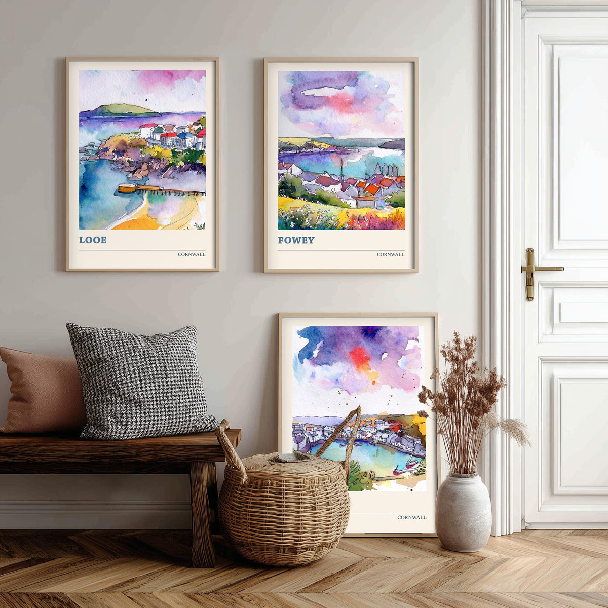 Cornwall Set of Three Prints | Looe Fowey Padstow | Loose Watercolour Coastal Harbour Wall Art Poster Painting