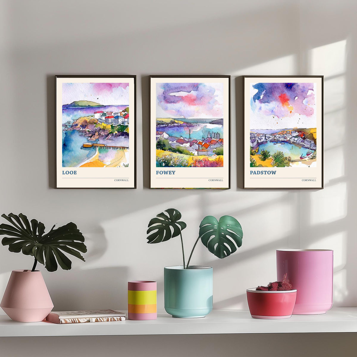 Cornwall Set of Three Prints | Looe Fowey Padstow | Loose Watercolour Coastal Harbour Wall Art Poster Painting