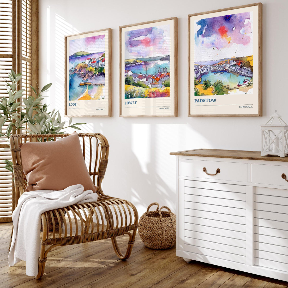 Cornwall Set of Three Prints | Looe Fowey Padstow | Loose Watercolour Coastal Harbour Wall Art Poster Painting