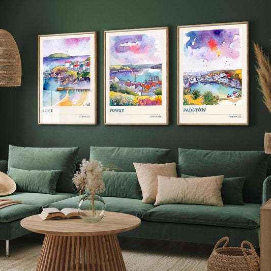 Cornwall Set of Three Prints | Looe Fowey Padstow | Loose Watercolour Coastal Harbour Wall Art Poster Painting