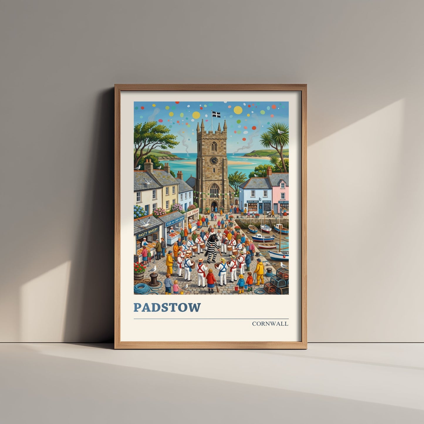 Padstow Cornwall Travel Poster - Obby Oss Festival Folk Art Illustration - Harbour and Fishing Village Art Print 1/3