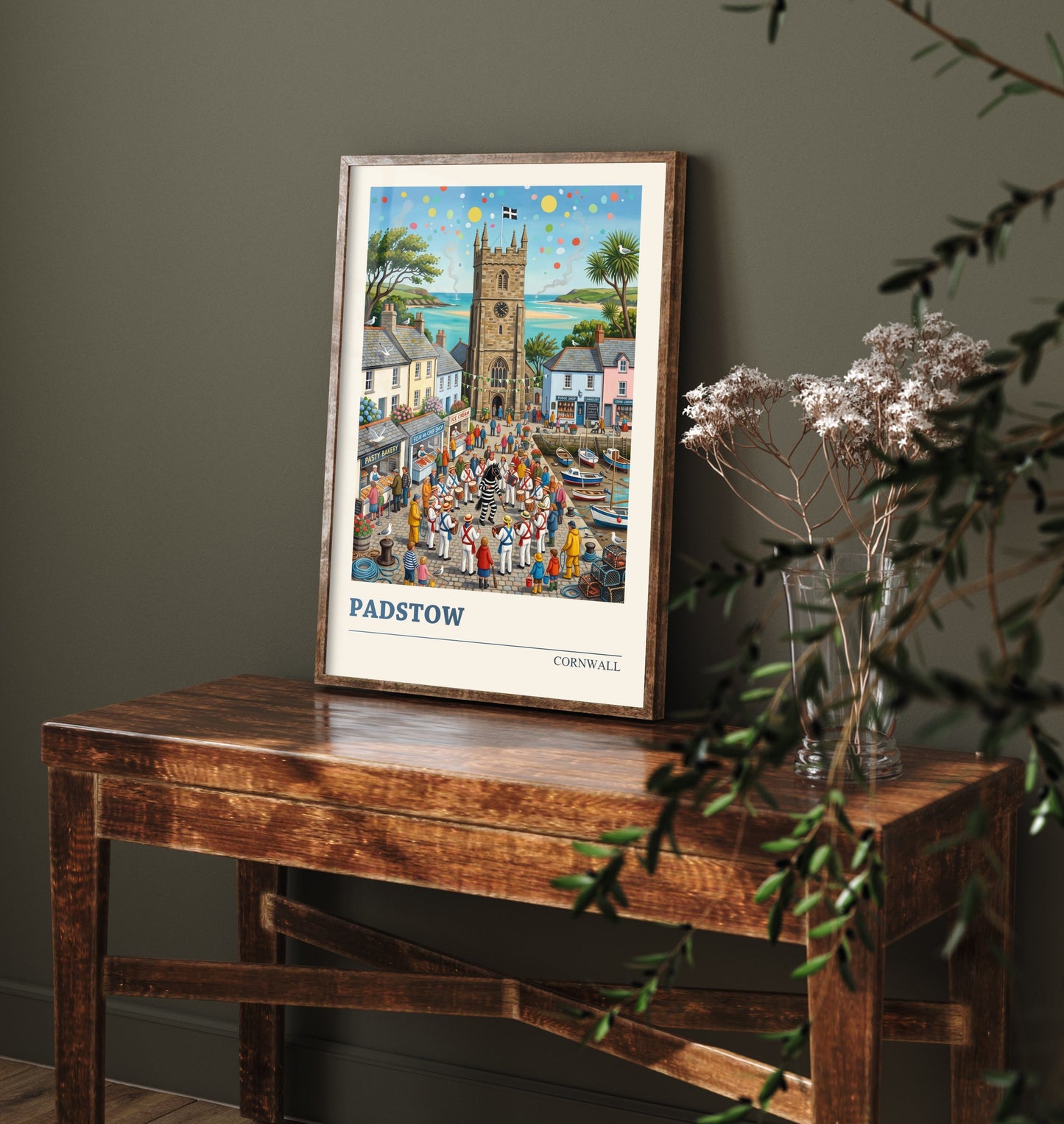 Padstow Cornwall Travel Poster - Obby Oss Festival Folk Art Illustration - Harbour and Fishing Village Art Print 1/3