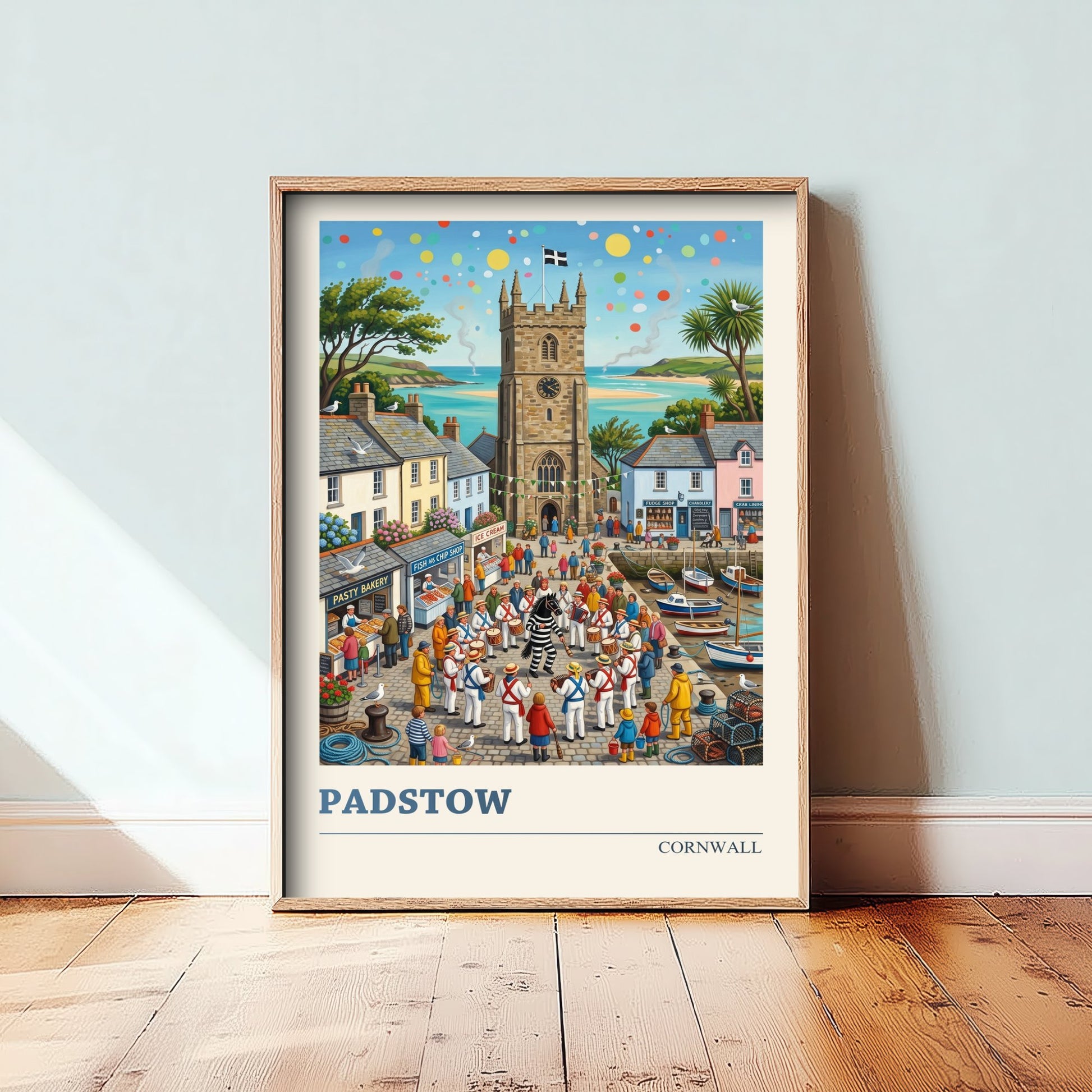 Padstow Cornwall Travel Poster - Obby Oss Festival Folk Art Illustration - Harbour and Fishing Village Art Print 1/3