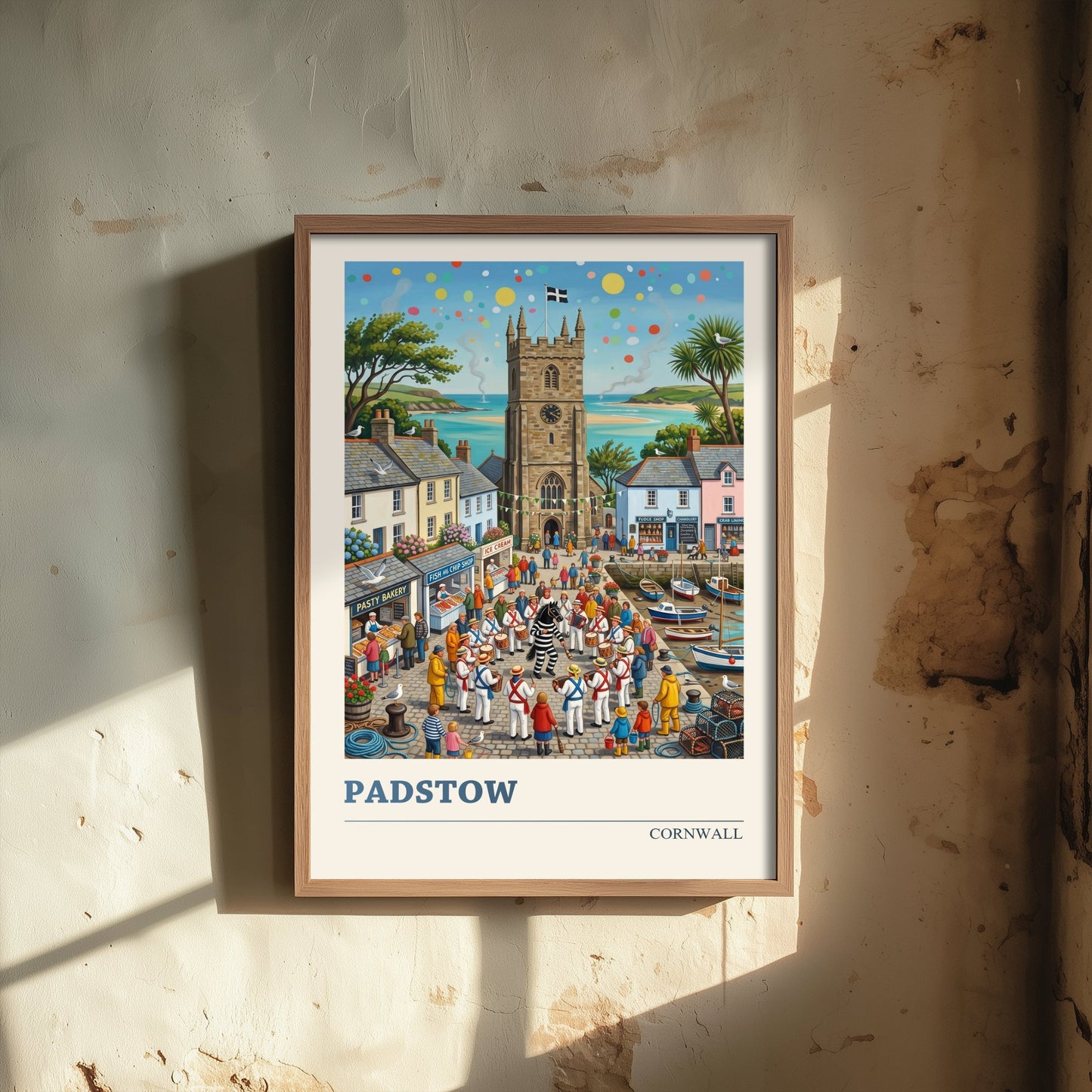 Padstow Cornwall Travel Poster - Obby Oss Festival Folk Art Illustration - Harbour and Fishing Village Art Print 1/3
