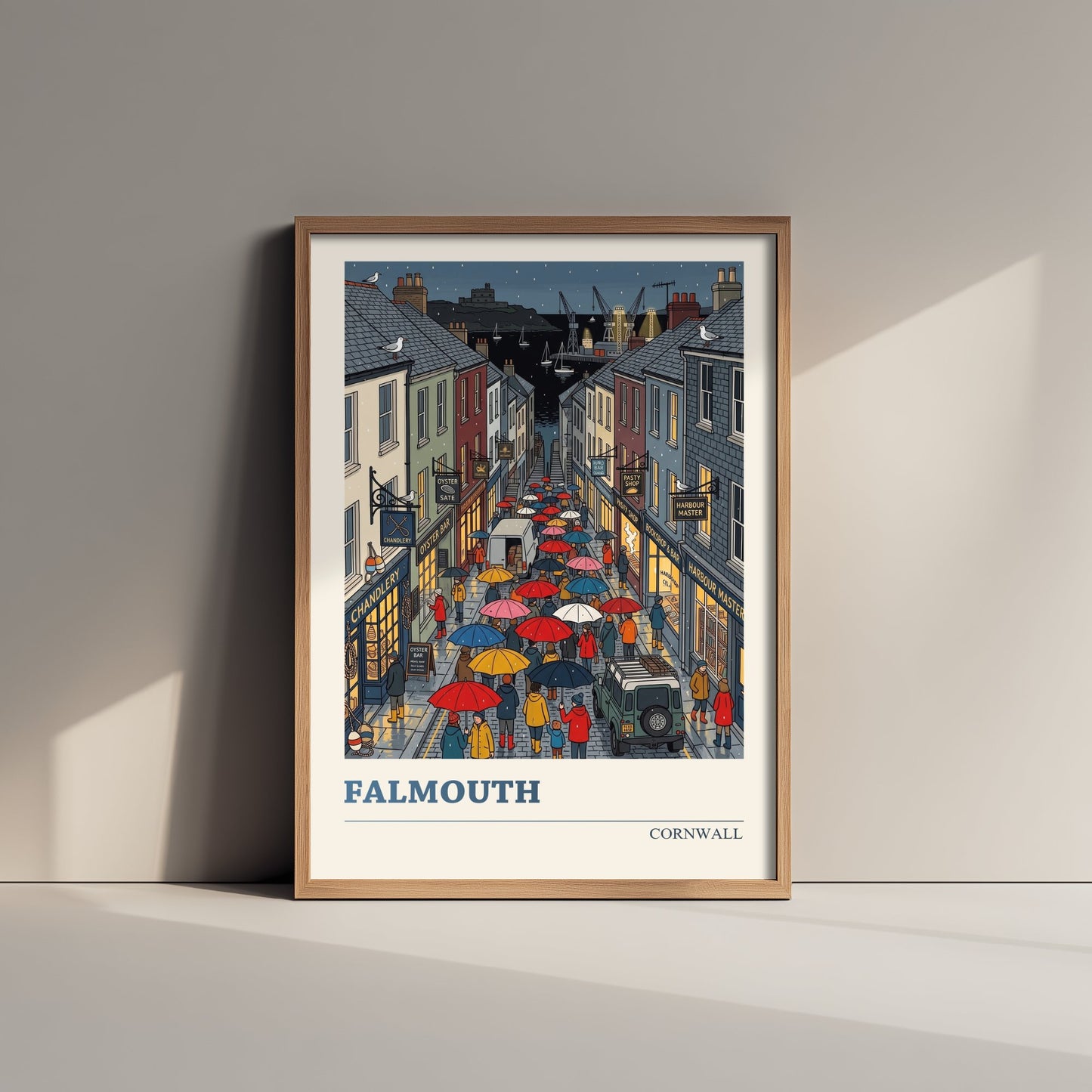 Falmouth Cornwall Travel Poster - Rainy Harbour Street Folk Art Print - Cornish Seaside Town Illustration 2/3