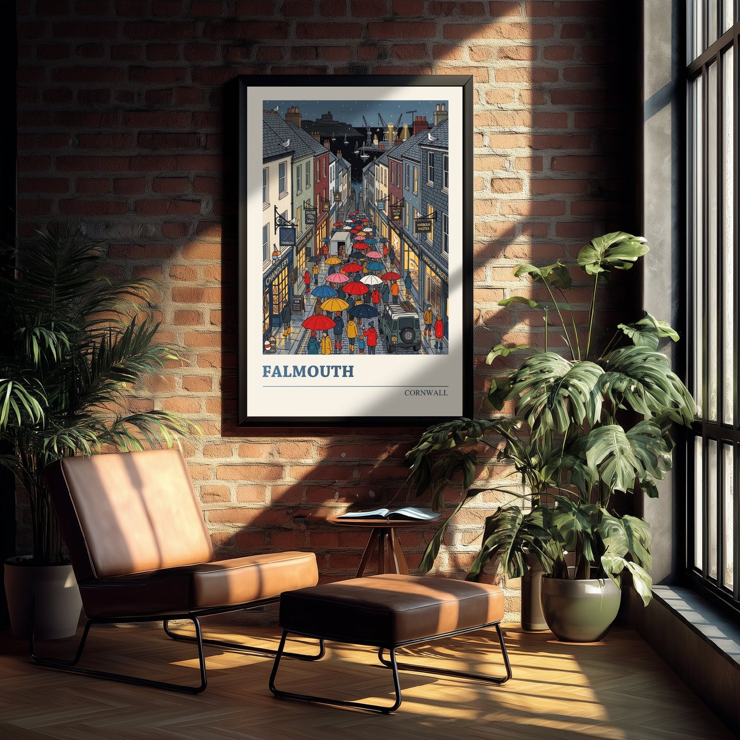 Falmouth Cornwall Travel Poster - Rainy Harbour Street Folk Art Print - Cornish Seaside Town Illustration 2/3