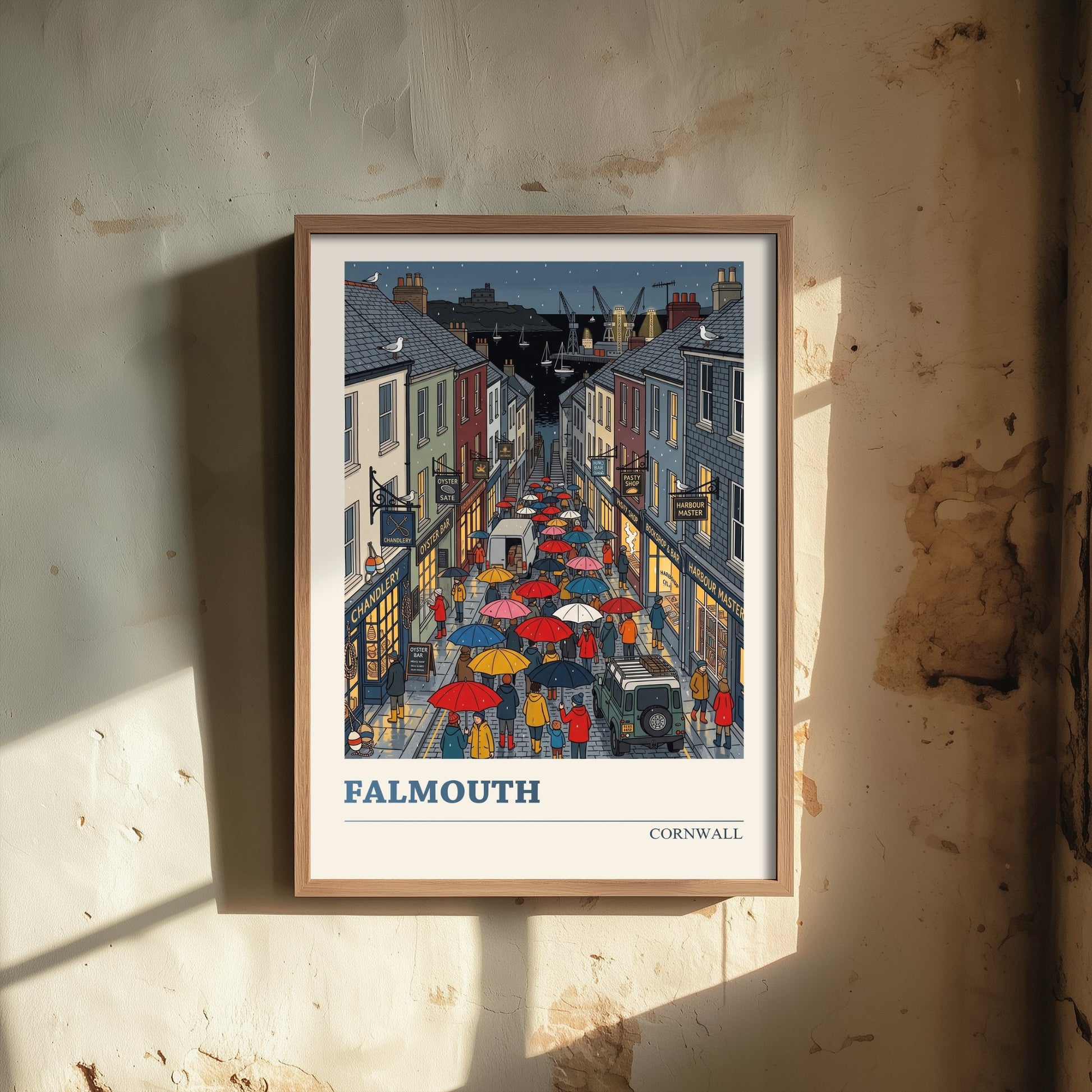 Falmouth Cornwall Travel Poster - Rainy Harbour Street Folk Art Print - Cornish Seaside Town Illustration 2/3