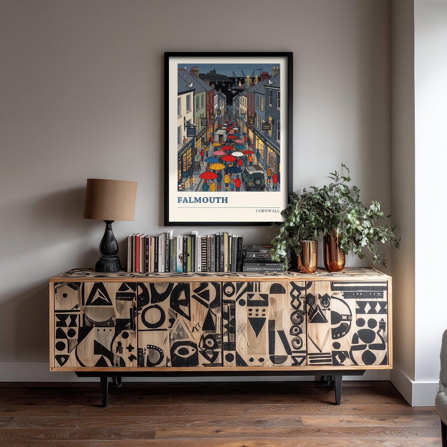 Falmouth Cornwall Travel Poster - Rainy Harbour Street Folk Art Print - Cornish Seaside Town Illustration 2/3
