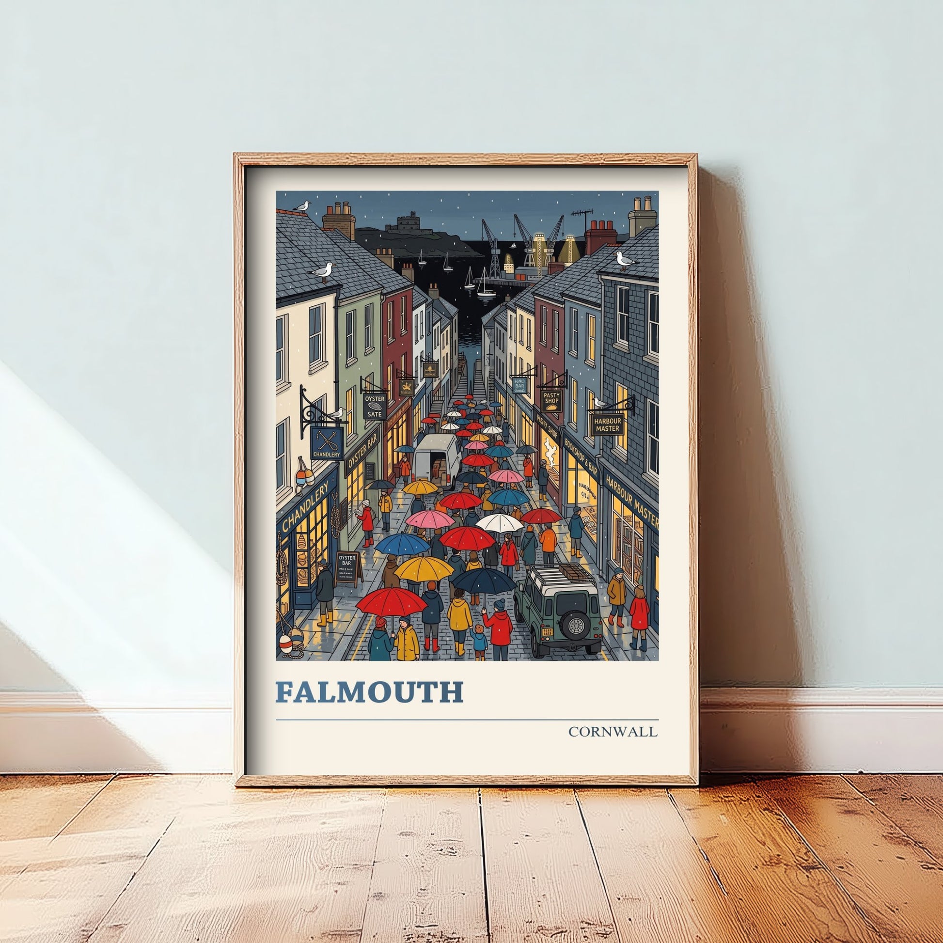 Falmouth Cornwall Travel Poster - Rainy Harbour Street Folk Art Print - Cornish Seaside Town Illustration 2/3