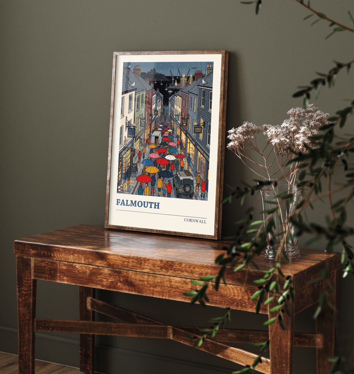 Falmouth Cornwall Travel Poster - Rainy Harbour Street Folk Art Print - Cornish Seaside Town Illustration 2/3