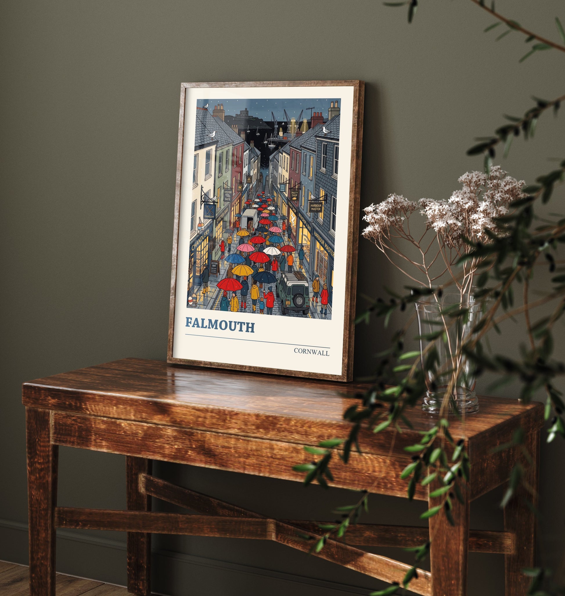 Falmouth Cornwall Travel Poster - Rainy Harbour Street Folk Art Print - Cornish Seaside Town Illustration 2/3