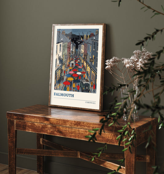 Falmouth Cornwall Travel Poster - Rainy Harbour Street Folk Art Print - Cornish Seaside Town Illustration 2/3