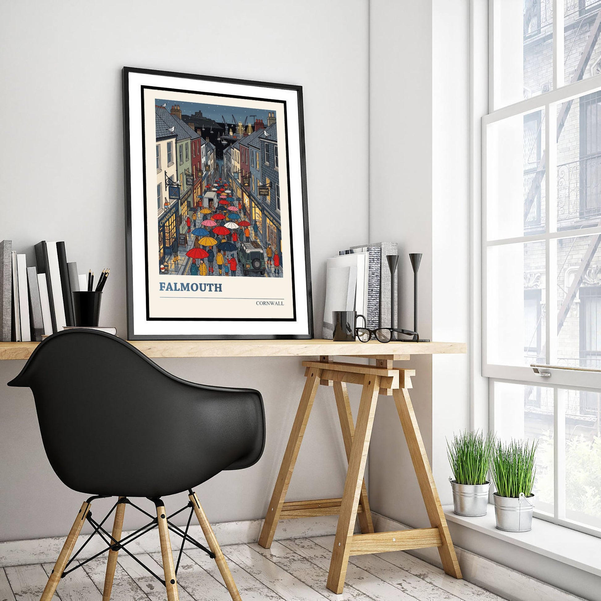 Falmouth Cornwall Travel Poster - Rainy Harbour Street Folk Art Print - Cornish Seaside Town Illustration 2/3