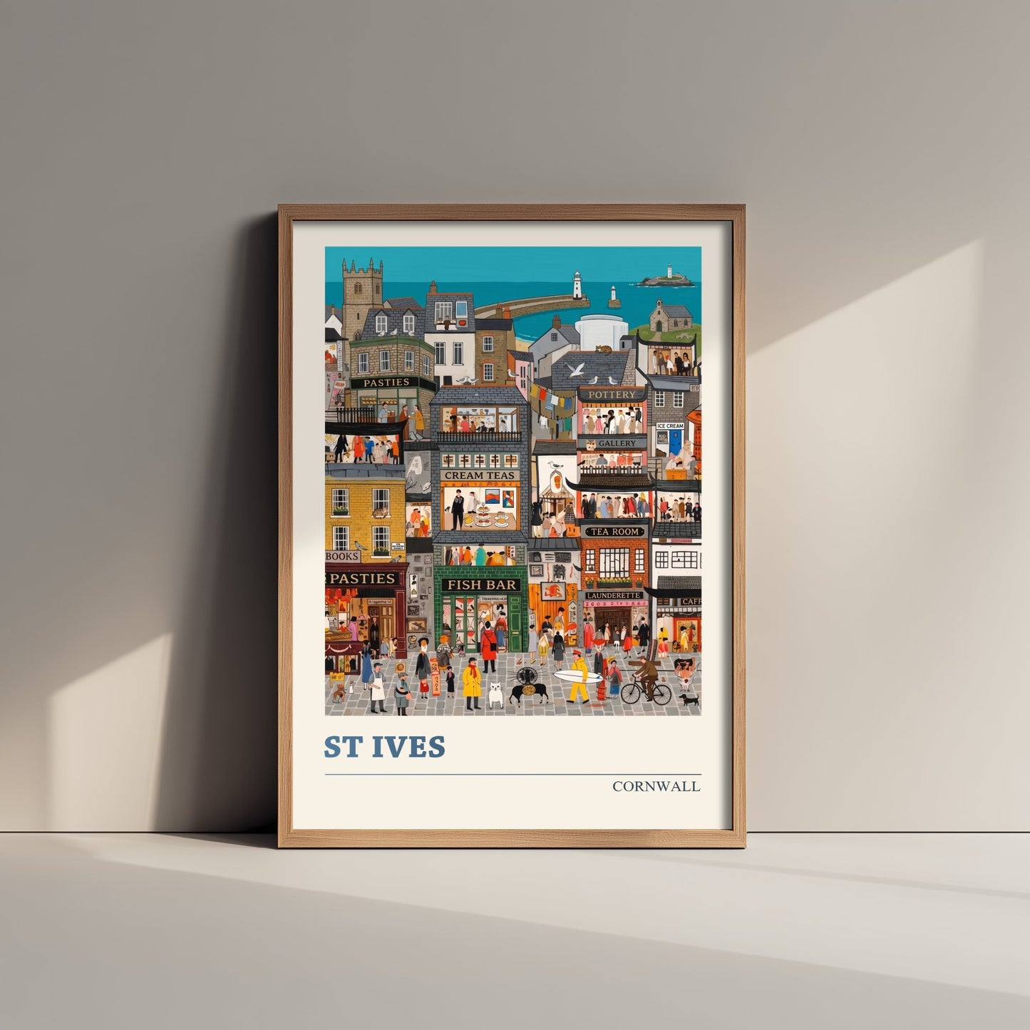 St Ives Cornwall Travel Poster - Folk Art Seaside Town Illustration - Godrevy Lighthouse and Fish Bar Art Print 3/3
