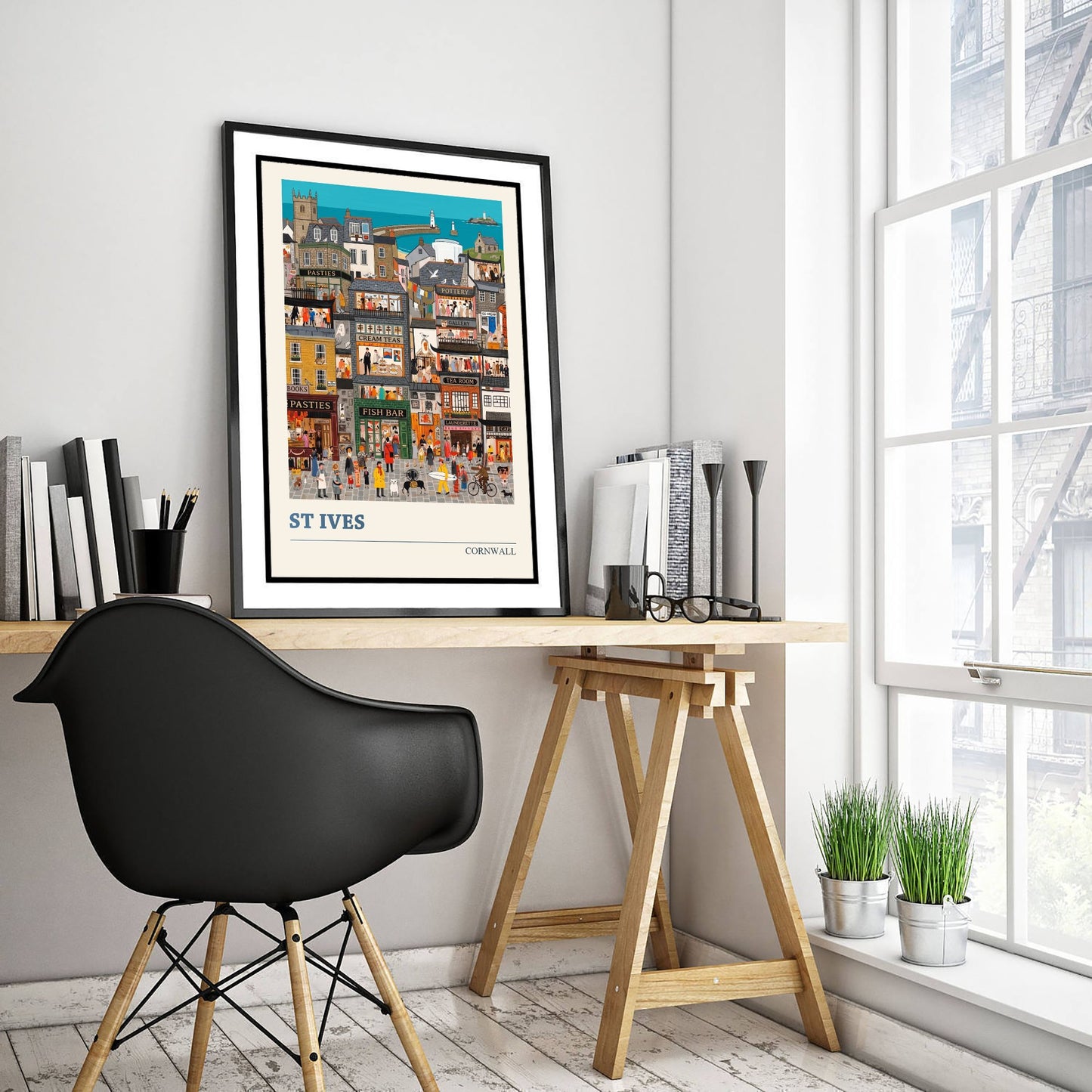 St Ives Cornwall Travel Poster - Folk Art Seaside Town Illustration - Godrevy Lighthouse and Fish Bar Art Print 3/3