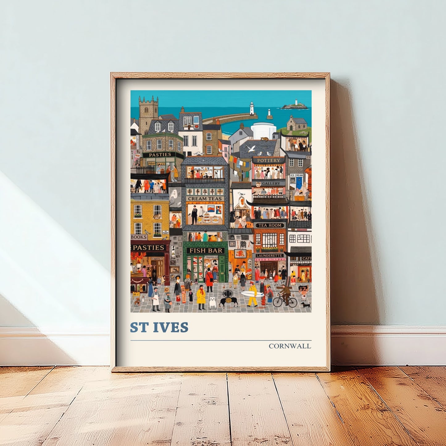 St Ives Cornwall Travel Poster - Folk Art Seaside Town Illustration - Godrevy Lighthouse and Fish Bar Art Print 3/3