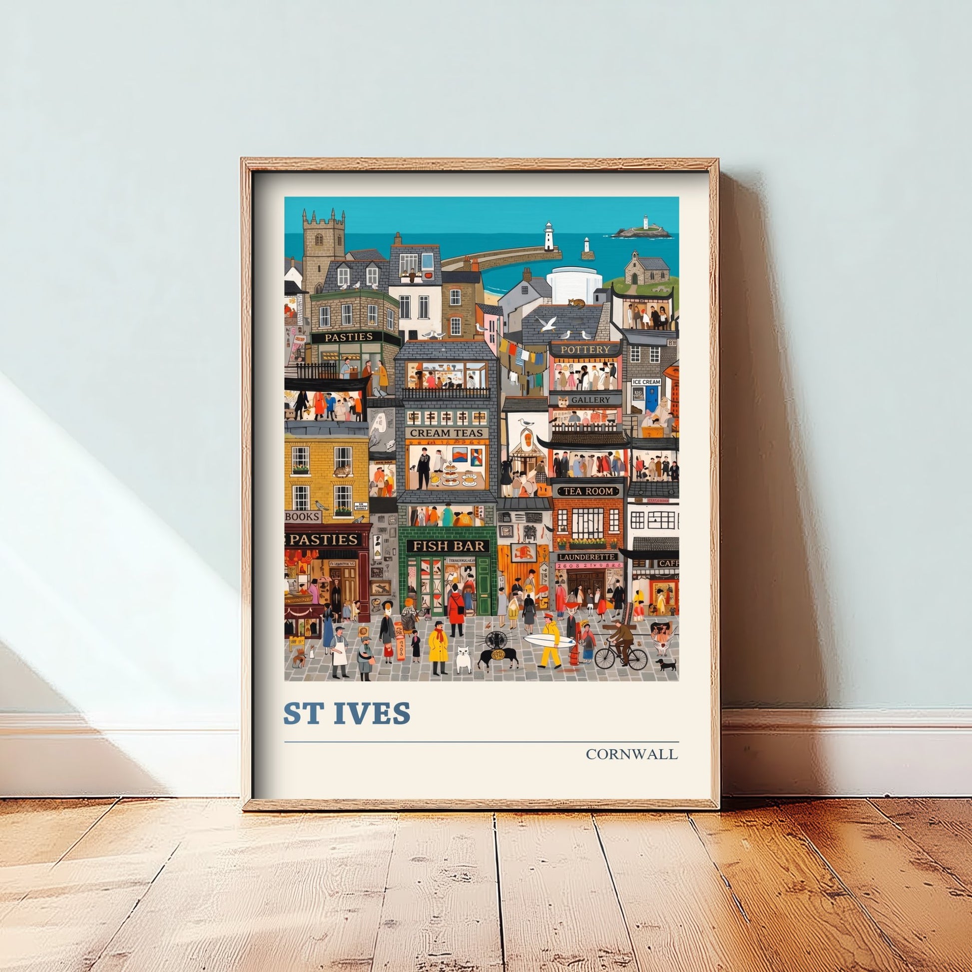 St Ives Cornwall Travel Poster - Folk Art Seaside Town Illustration - Godrevy Lighthouse and Fish Bar Art Print 3/3