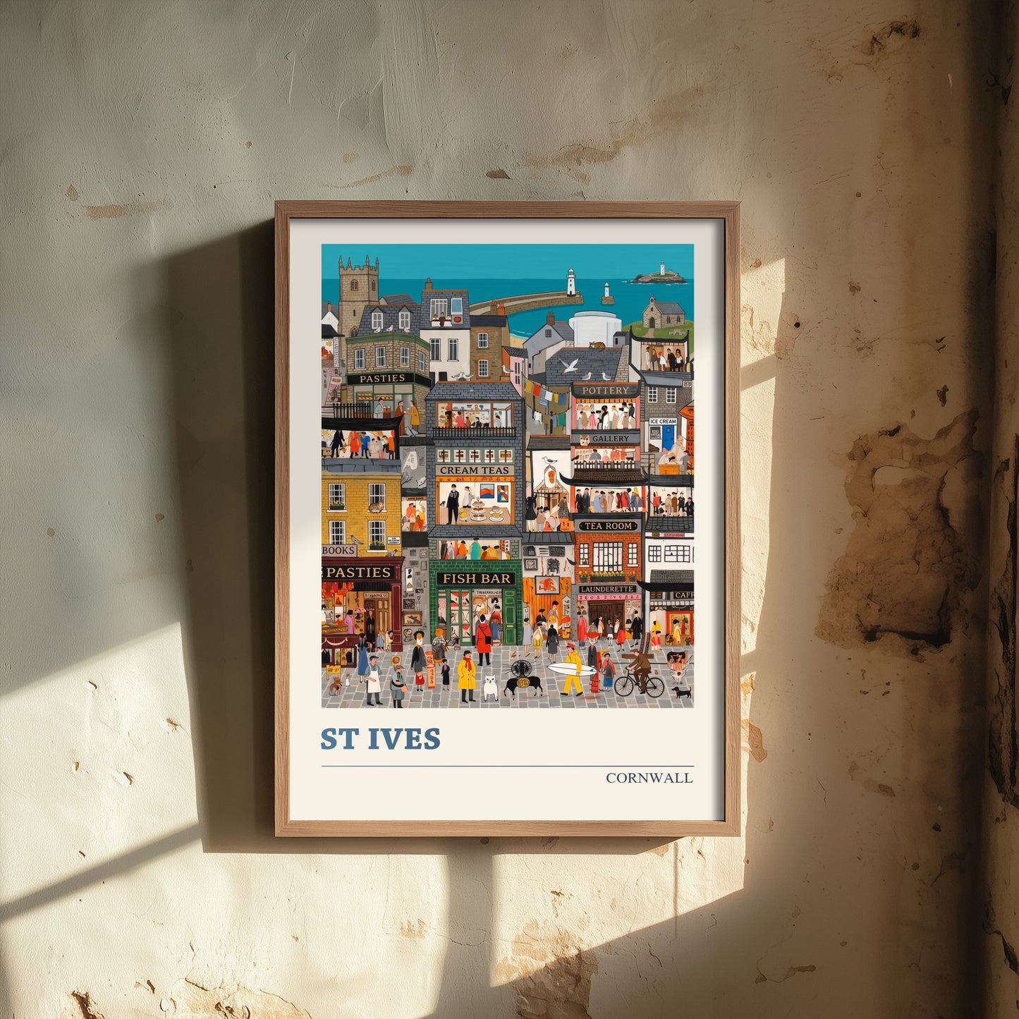 St Ives Cornwall Travel Poster - Folk Art Seaside Town Illustration - Godrevy Lighthouse and Fish Bar Art Print 3/3
