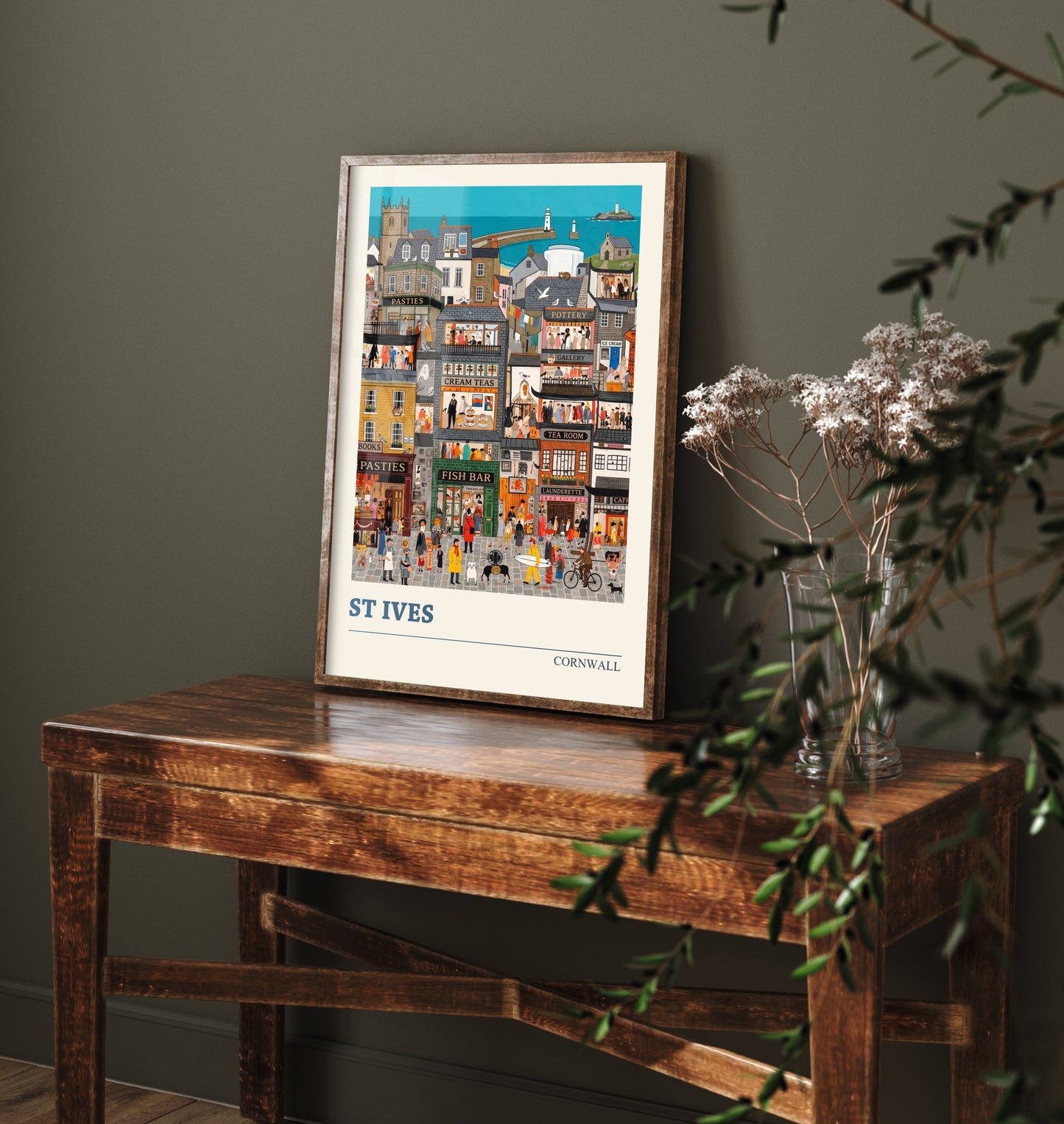 St Ives Cornwall Travel Poster - Folk Art Seaside Town Illustration - Godrevy Lighthouse and Fish Bar Art Print 3/3