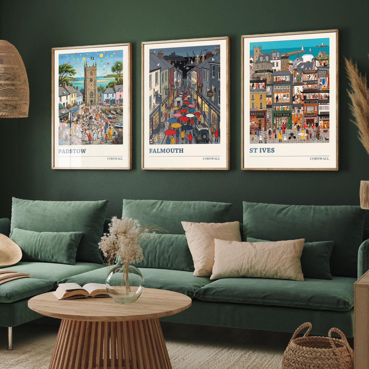 Cornwall Set of Three Art Prints - Padstow, Falmouth, St Ives - 3 Colourful Folk Illustration Travel Posters - Cornish Painting