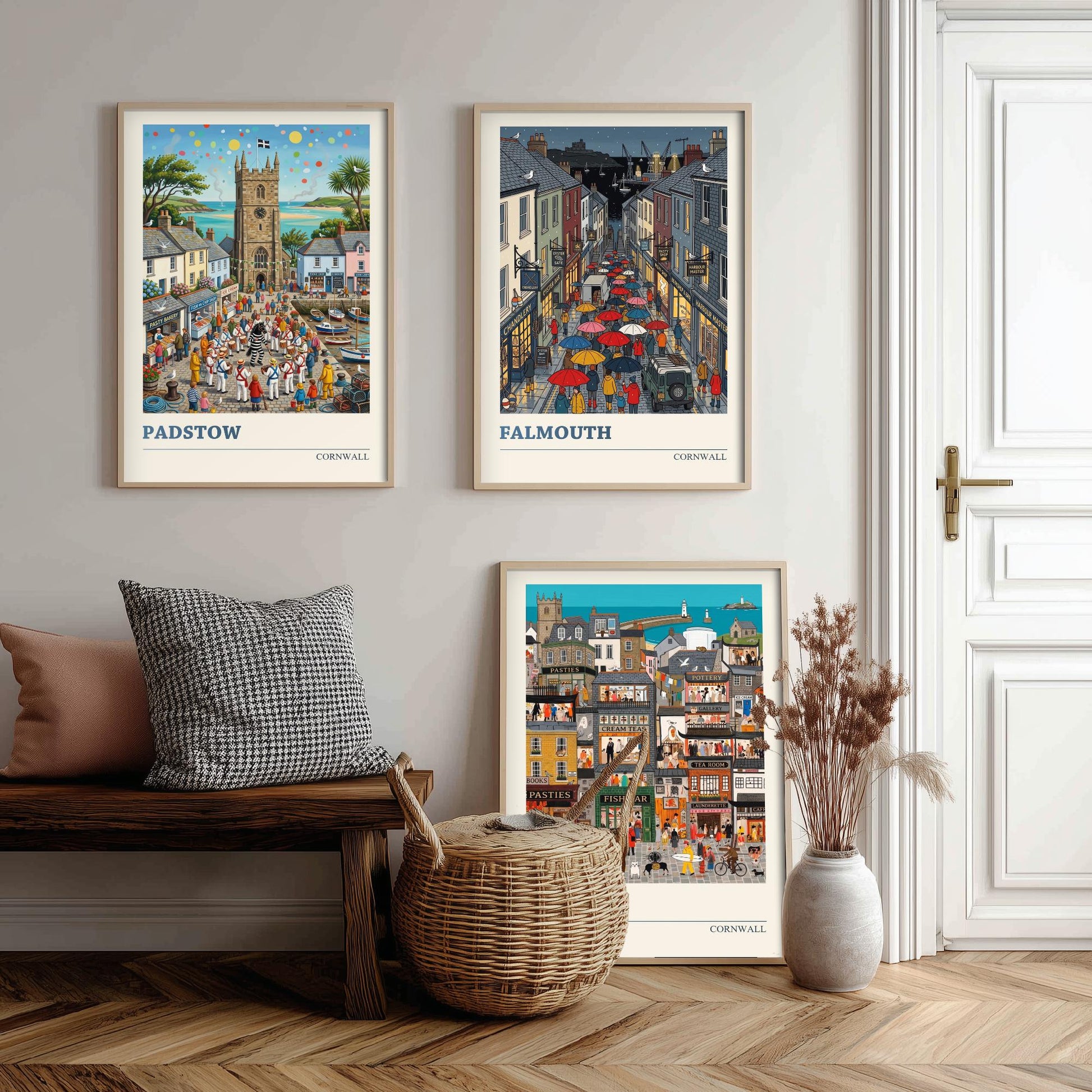 Cornwall Set of Three Art Prints - Padstow, Falmouth, St Ives - 3 Colourful Folk Illustration Travel Posters - Cornish Painting