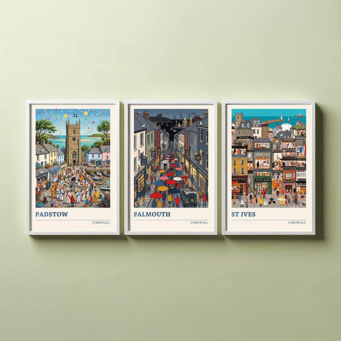 Cornwall Set of Three Art Prints - Padstow, Falmouth, St Ives - 3 Colourful Folk Illustration Travel Posters - Cornish Painting