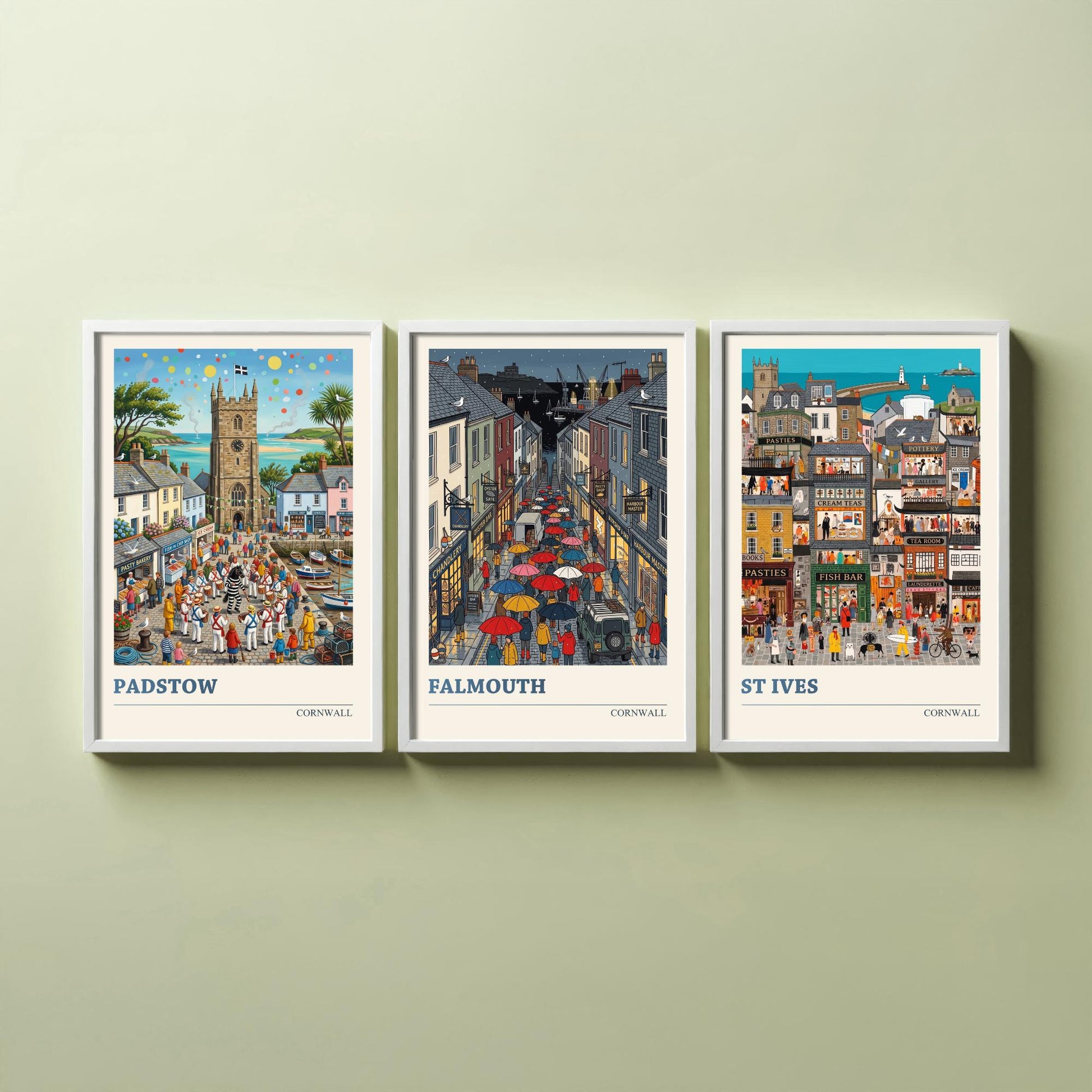 Cornwall Set of Three Art Prints - Padstow, Falmouth, St Ives - 3 Colourful Folk Illustration Travel Posters - Cornish Painting