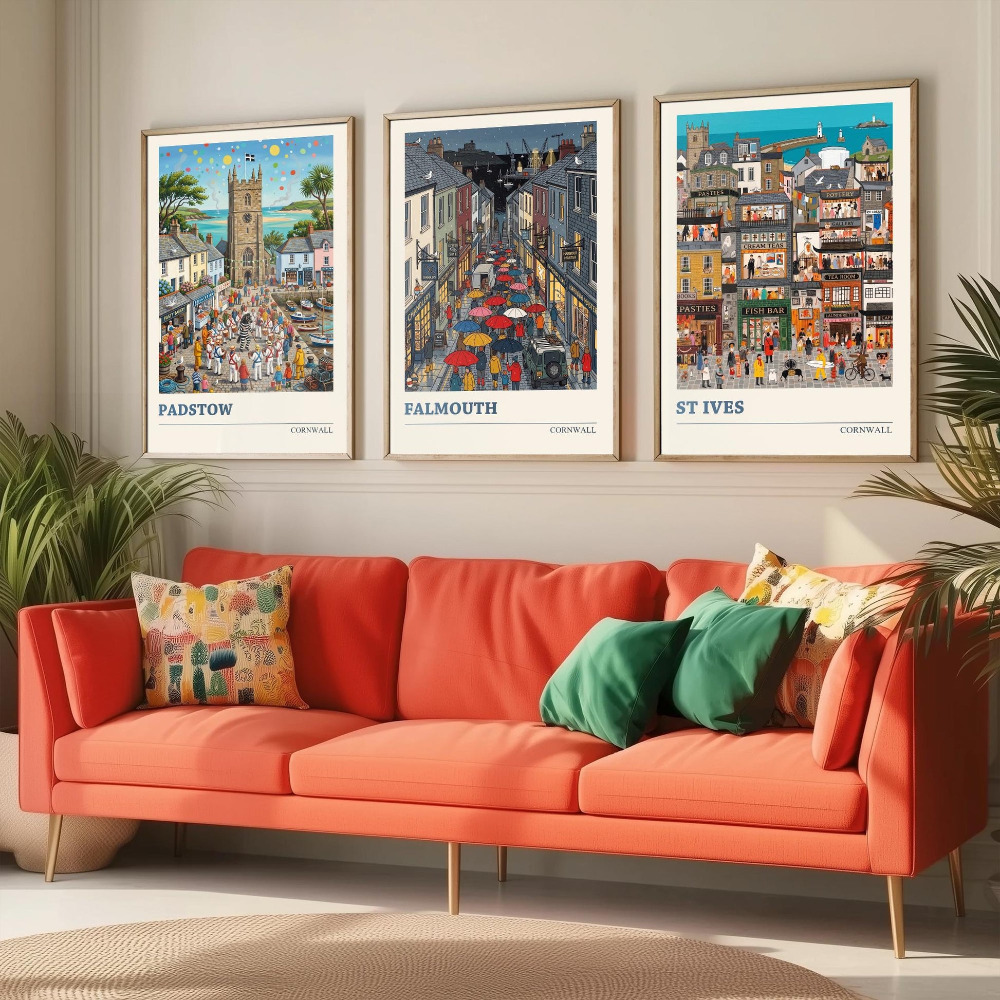 Cornwall Set of Three Art Prints - Padstow, Falmouth, St Ives - 3 Colourful Folk Illustration Travel Posters - Cornish Painting