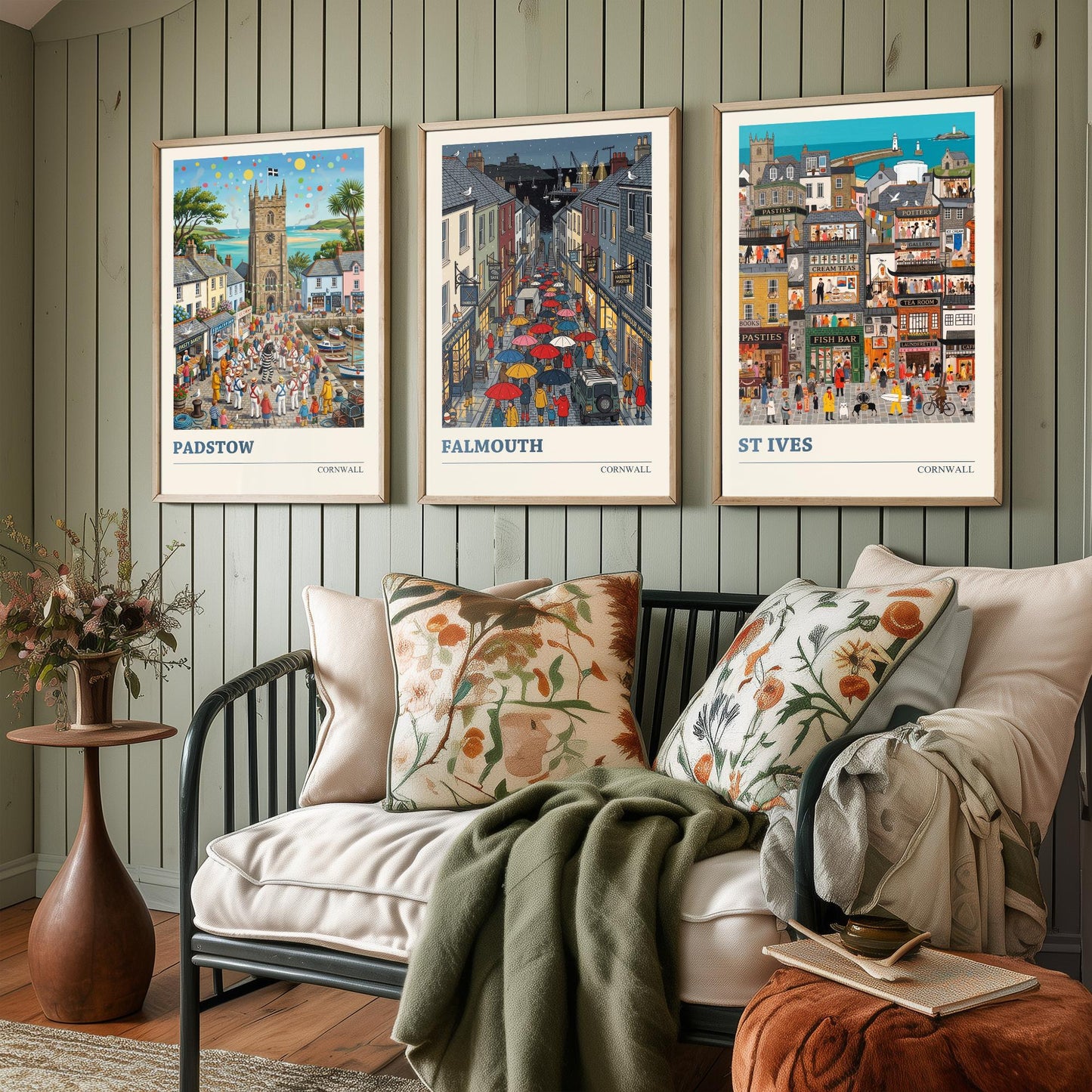 Cornwall Set of Three Art Prints - Padstow, Falmouth, St Ives - 3 Colourful Folk Illustration Travel Posters - Cornish Painting