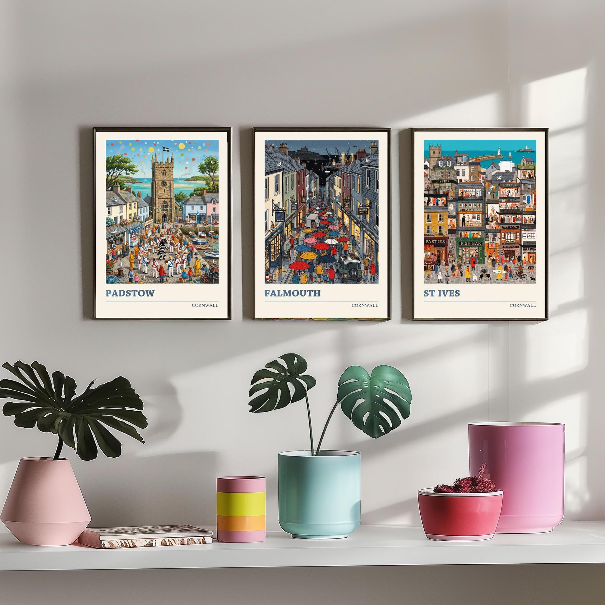 Cornwall Set of Three Art Prints - Padstow, Falmouth, St Ives - 3 Colourful Folk Illustration Travel Posters - Cornish Painting