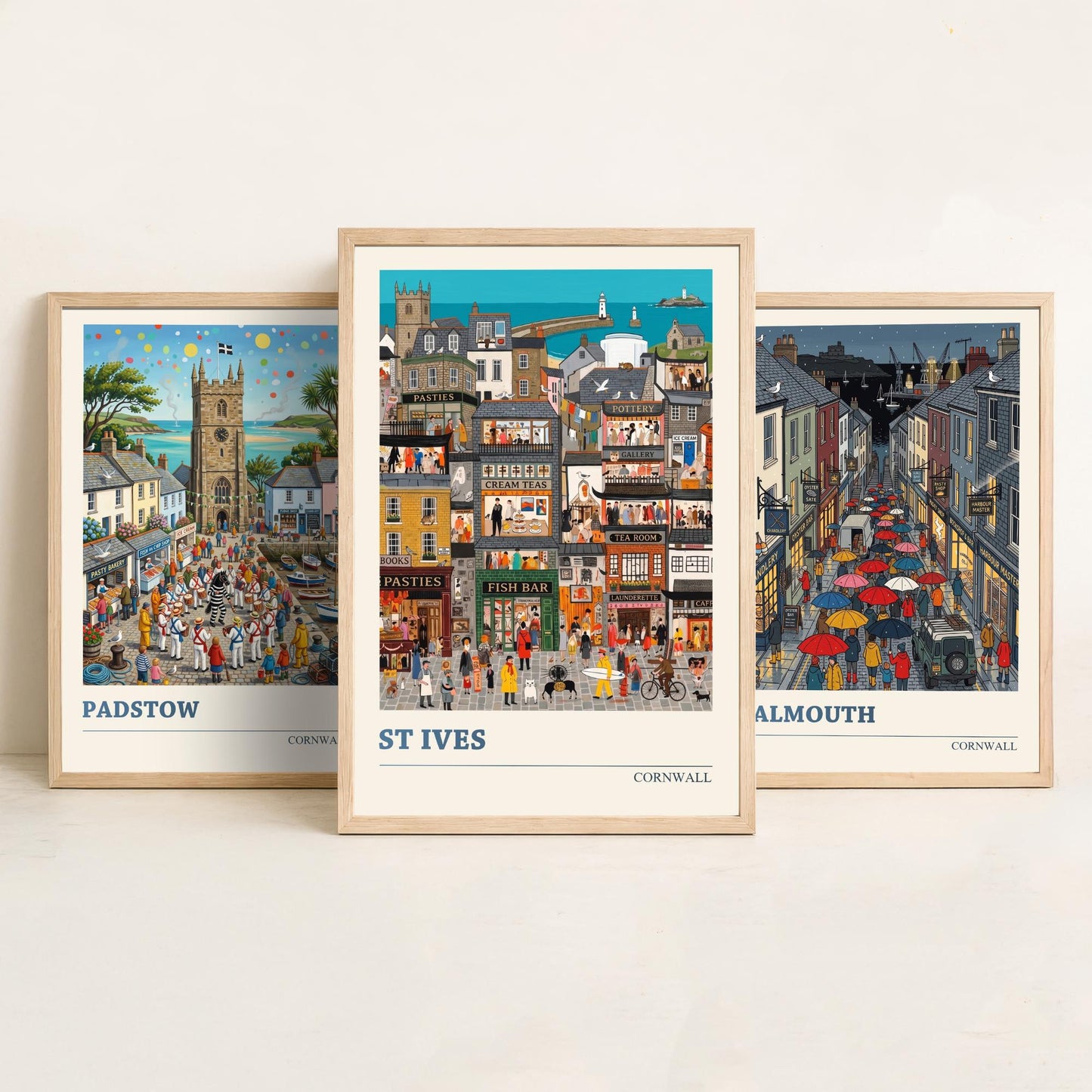 Cornwall Set of Three Art Prints - Padstow, Falmouth, St Ives - 3 Colourful Folk Illustration Travel Posters - Cornish Painting